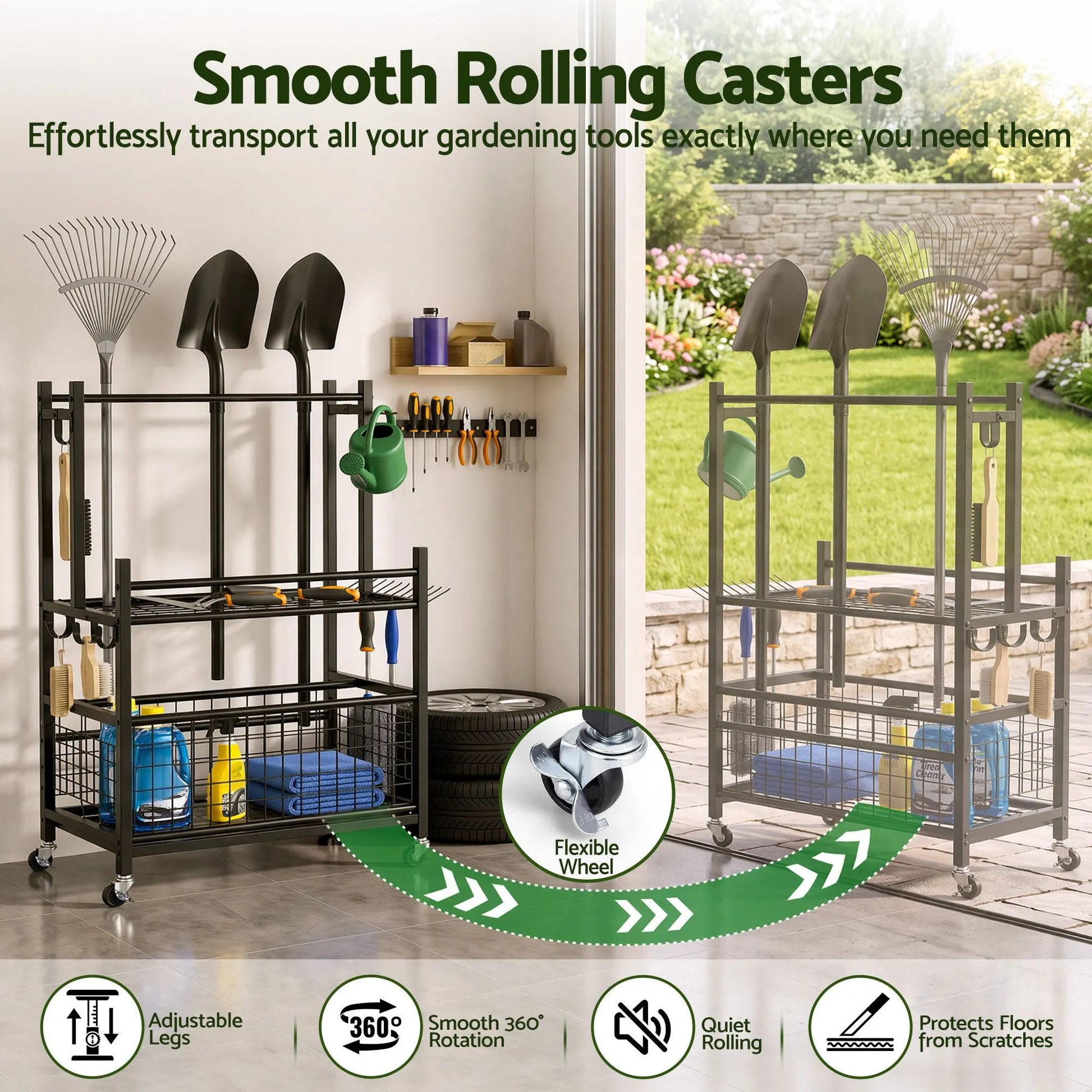 Gardeon Garden Tool Organizer Rack 16 Slots Rolling Garage Storage with Hooks - Image 5
