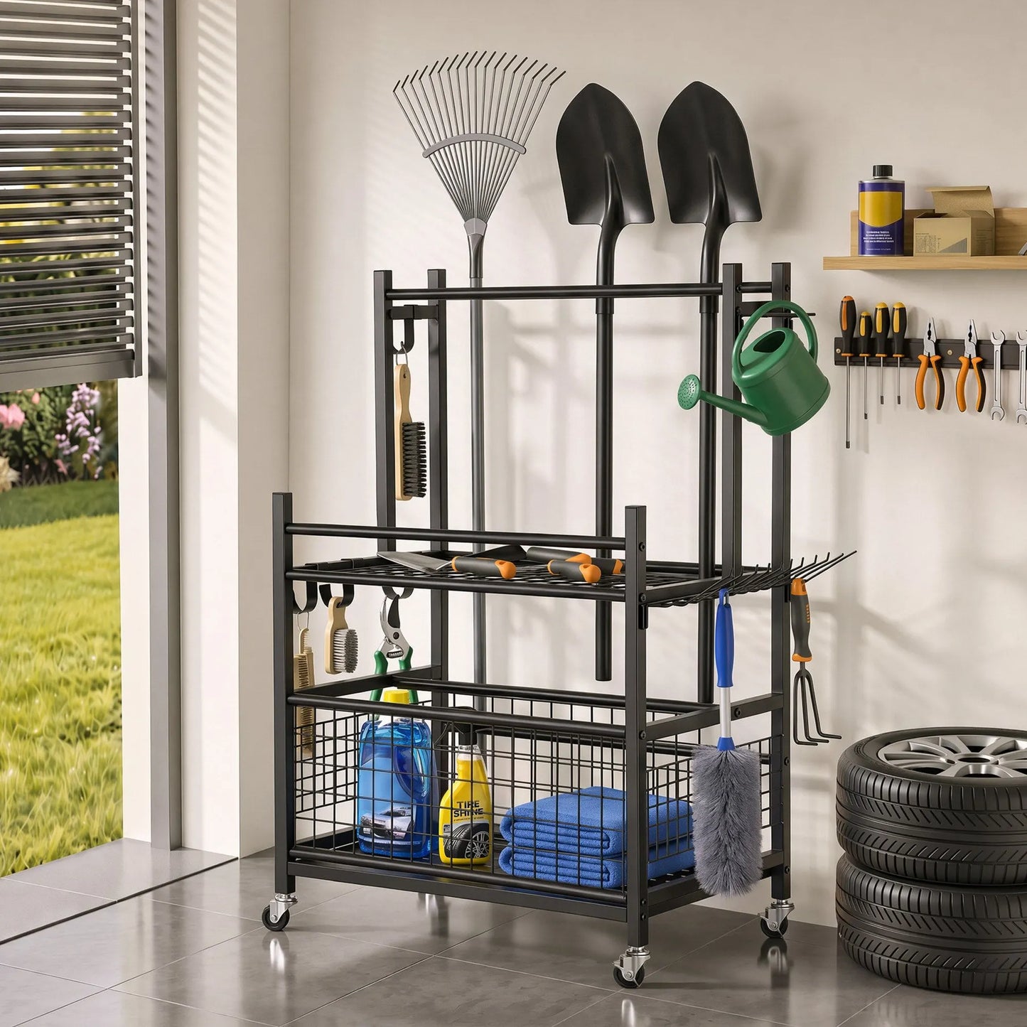 Gardeon Garden Tool Organizer Rack 16 Slots Rolling Garage Storage with Hooks - Image 6
