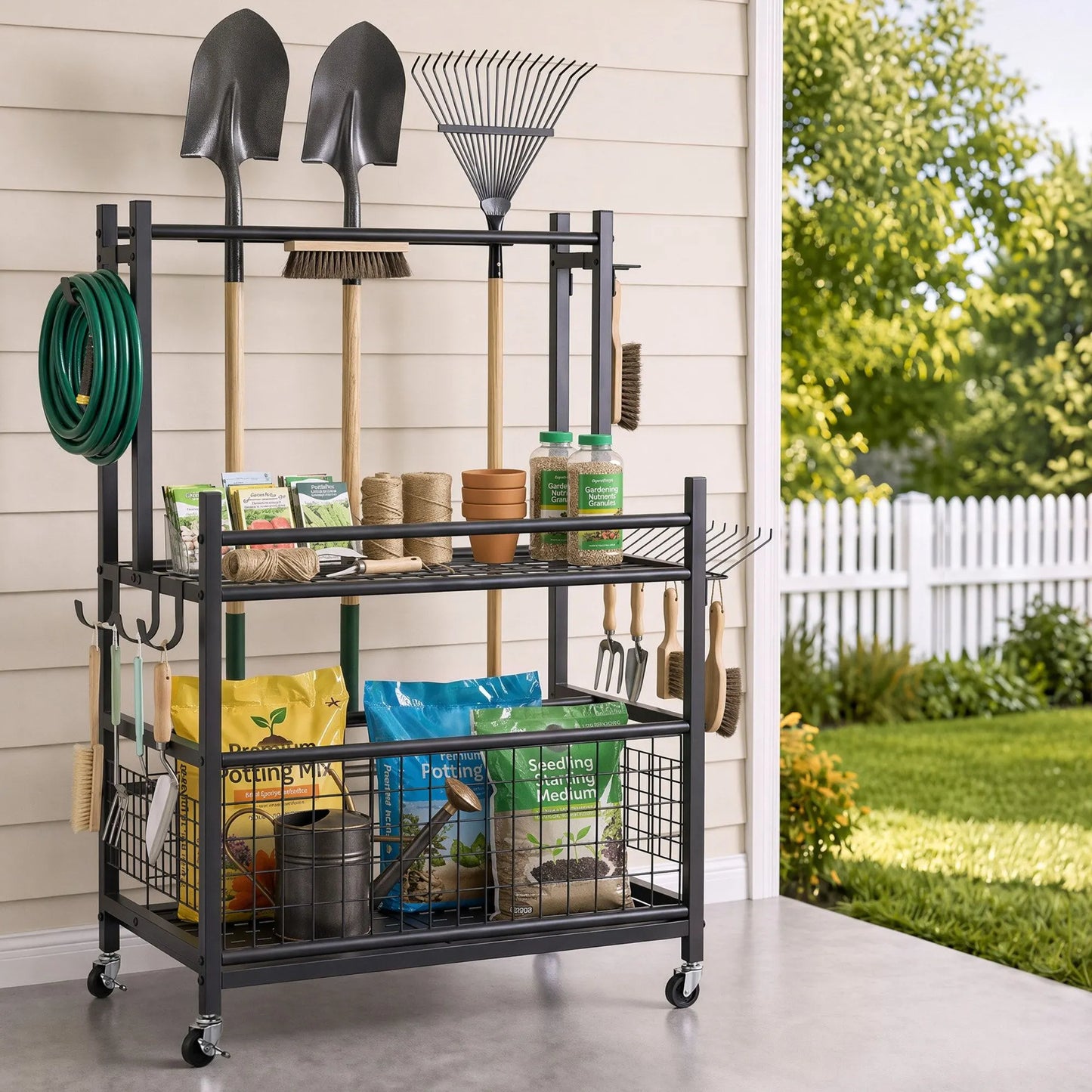Gardeon Garden Tool Organizer Rack 16 Slots Rolling Garage Storage with Hooks - Image 7