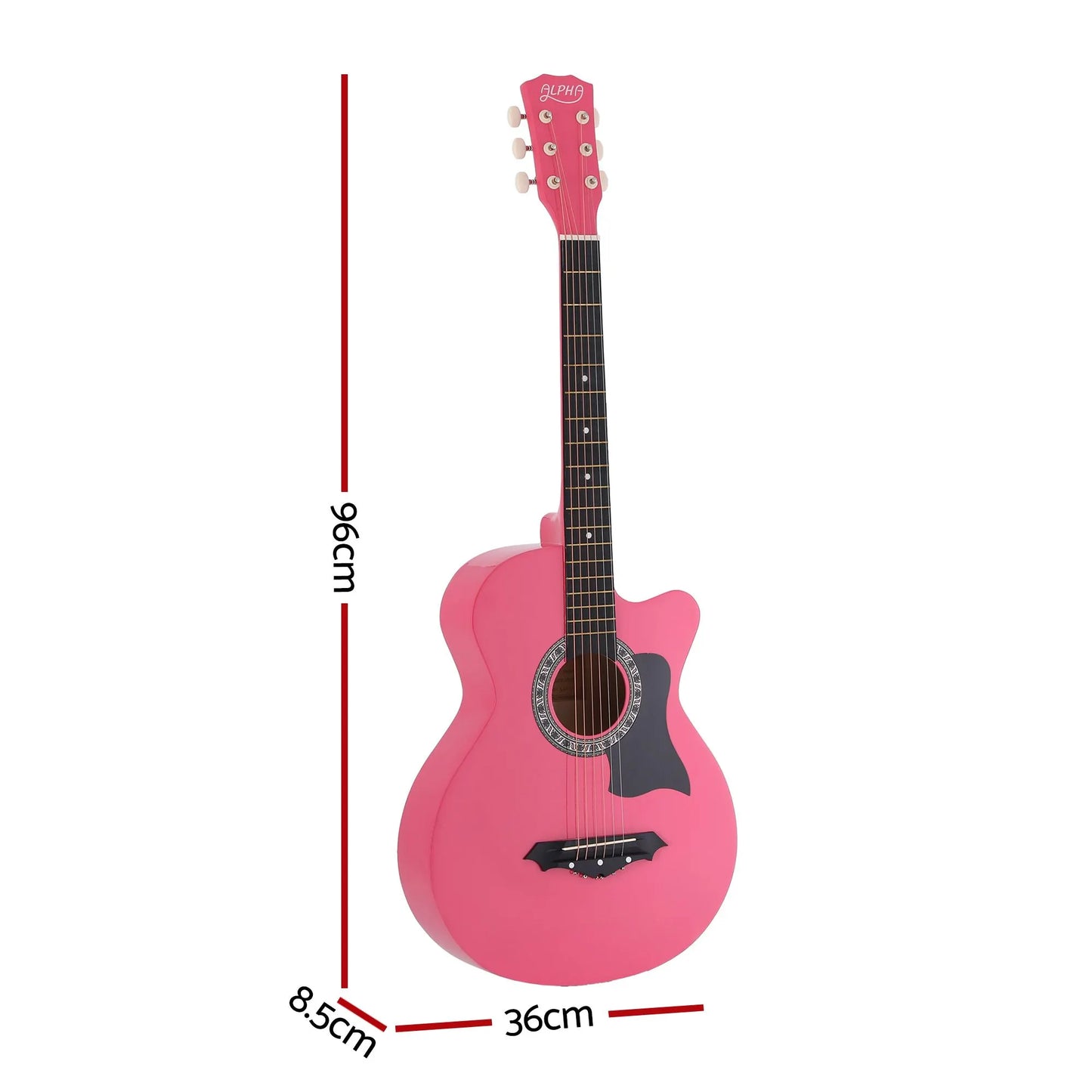 Alpha 38 Inch Acoustic Guitar Folk Cutaway Steel String Pink With Carry Bag - Image 3