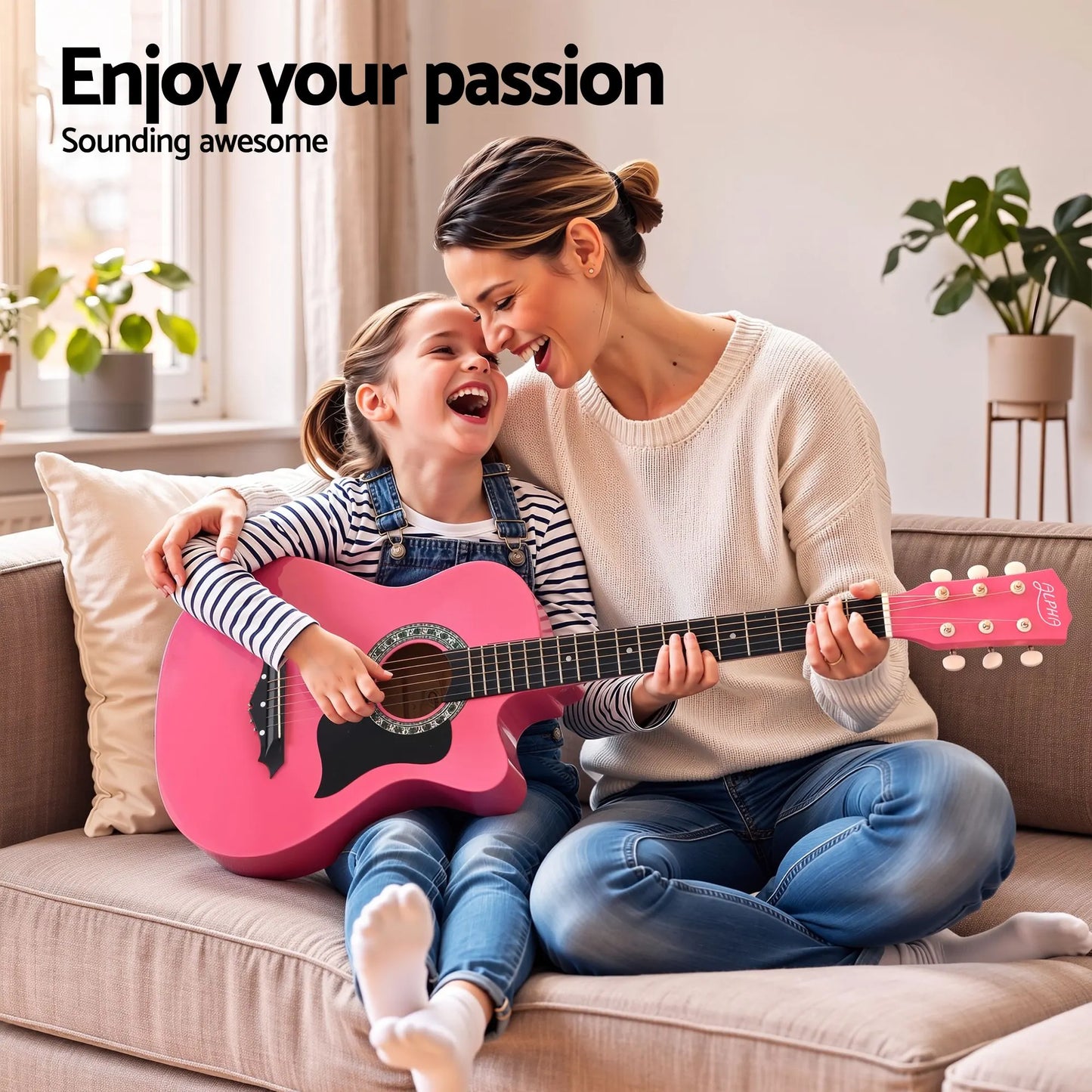 Alpha 38 Inch Acoustic Guitar Folk Cutaway Steel String Pink With Carry Bag - Image 5