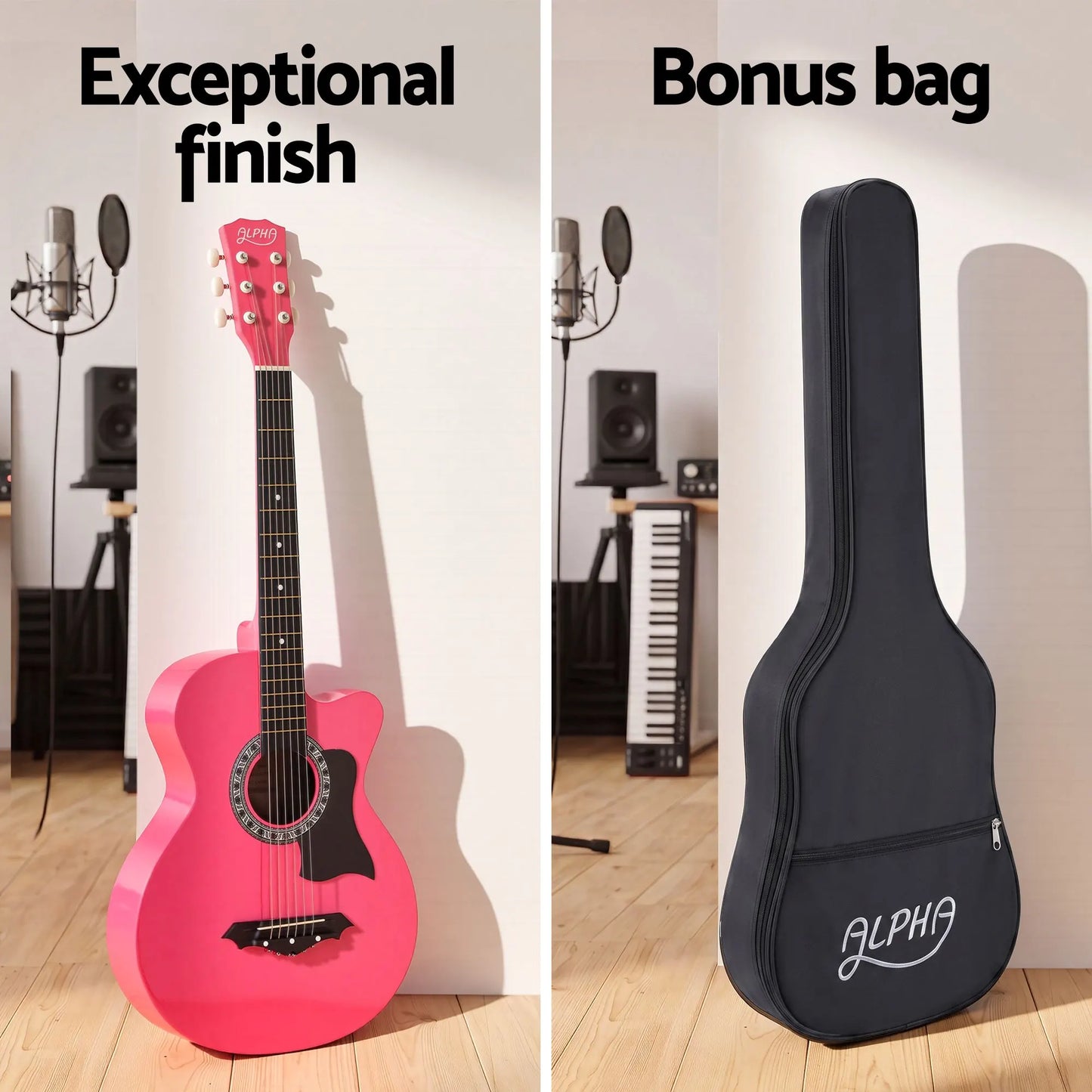 Alpha 38 Inch Acoustic Guitar Folk Cutaway Steel String Pink With Carry Bag - Image 6