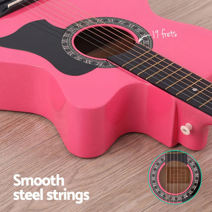 Alpha 38 Inch Acoustic Guitar Folk Cutaway Steel String Pink With Carry Bag - Image 7