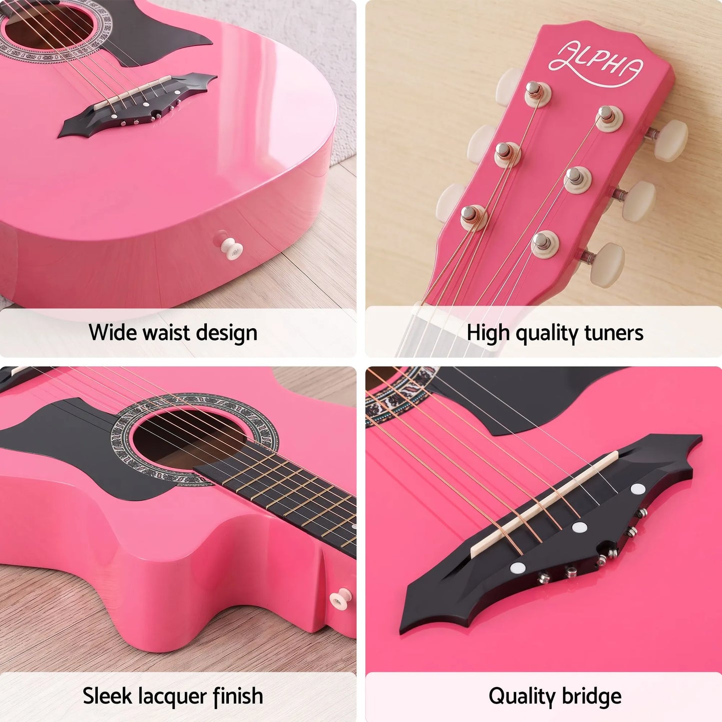 Alpha 38 Inch Acoustic Guitar Folk Cutaway Steel String Pink With Carry Bag - Image 9