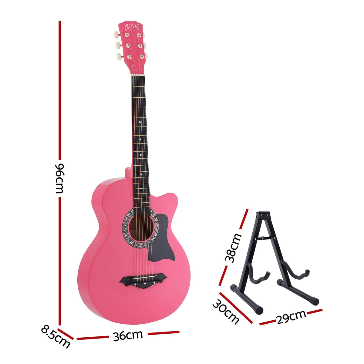 Alpha 38 Inch Acoustic Guitar Wooden Body Steel String Full Size w/ Stand Pink - Image 2