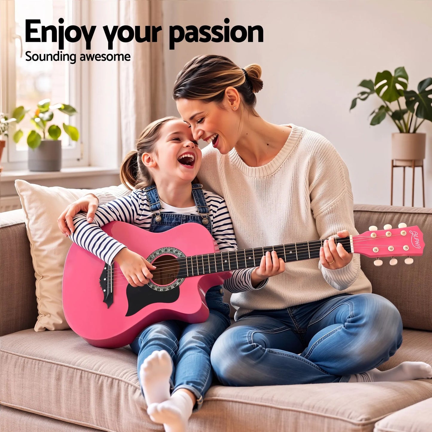 Alpha 38 Inch Acoustic Guitar Wooden Body Steel String Full Size w/ Stand Pink - Image 4