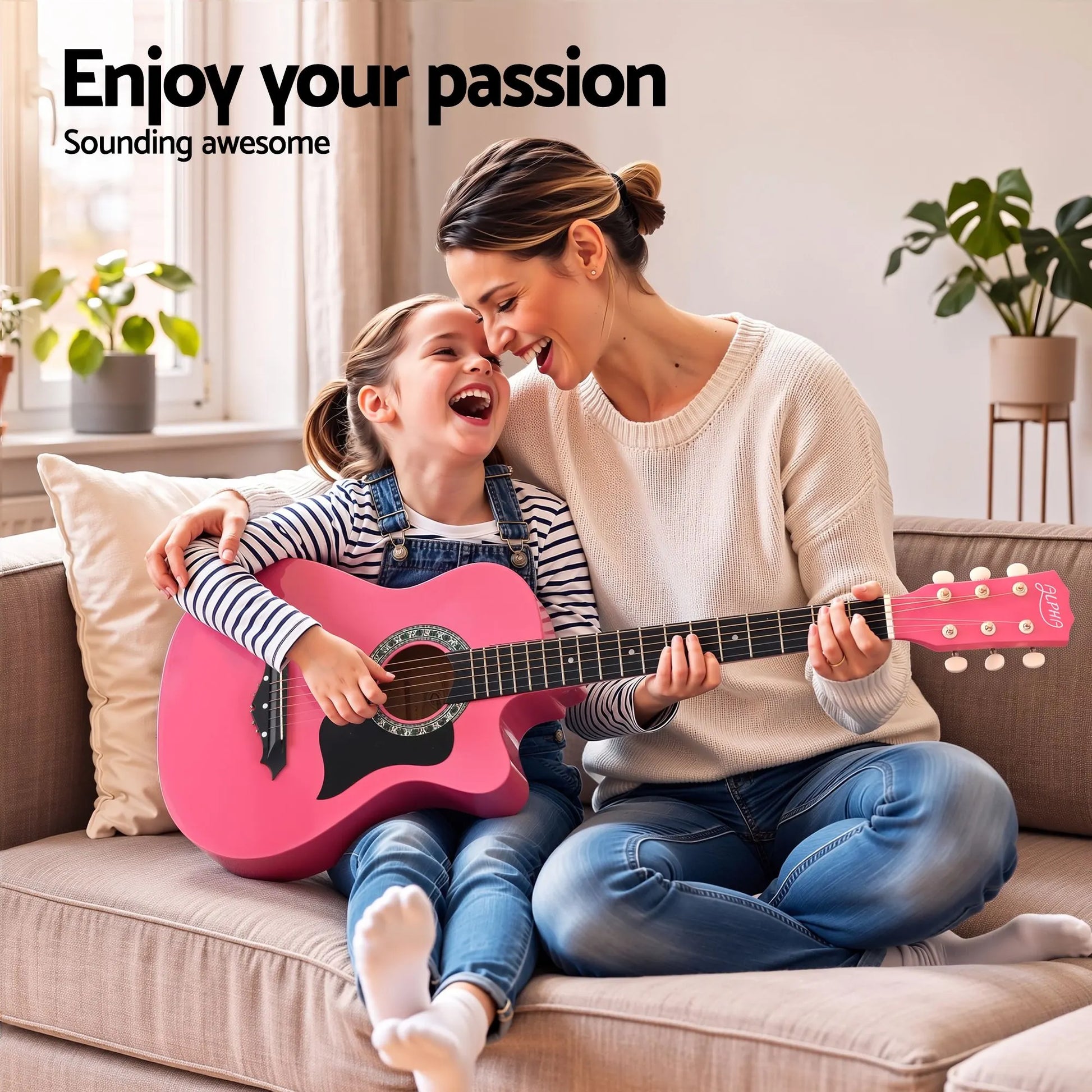 Alpha 38 Inch Acoustic Guitar Wooden Body Steel String Full Size w/ Stand Pink - Image 4