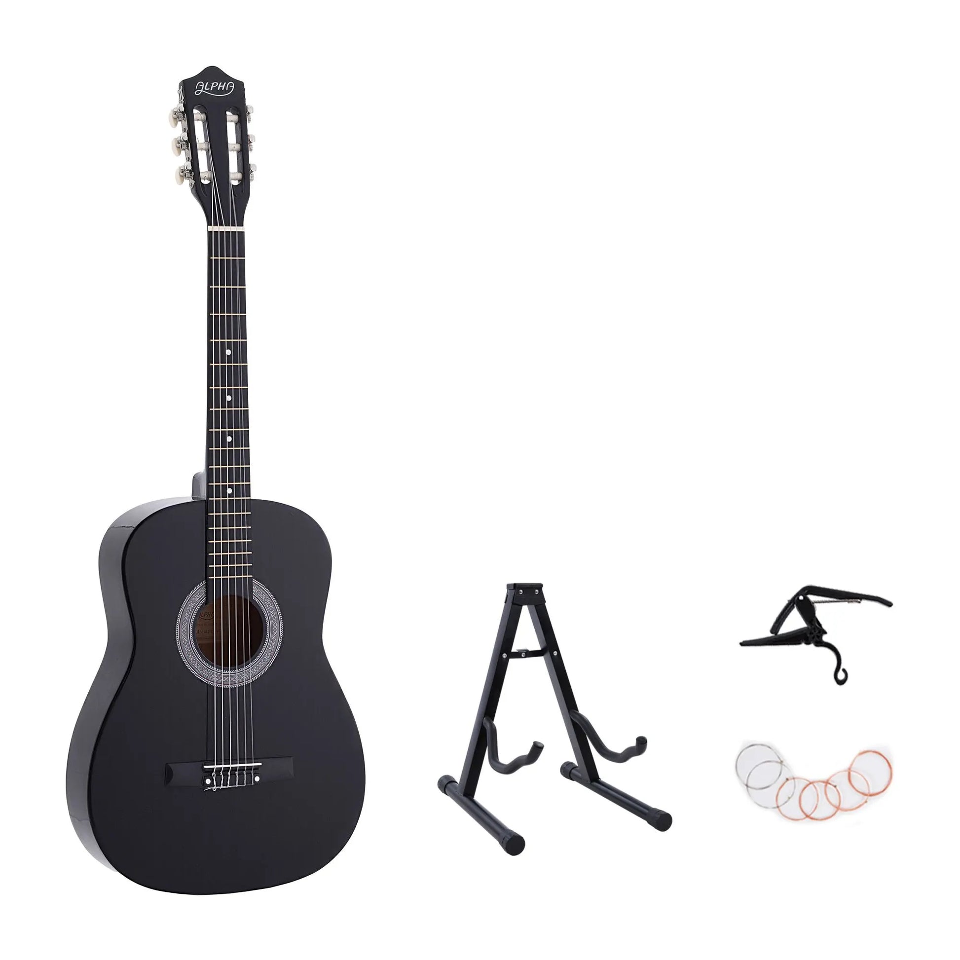 Alpha 38 Inch Classical Acoustic Guitar with Folding Stand Capo and String Set Black