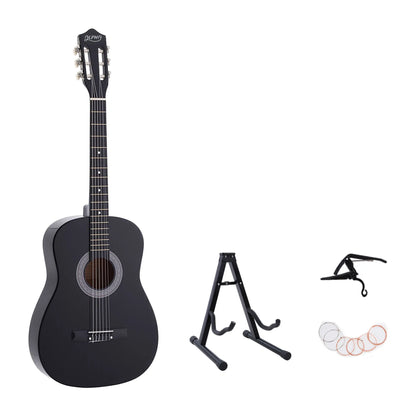 Alpha 38 Inch Classical Acoustic Guitar with Folding Stand Capo and String Set Black