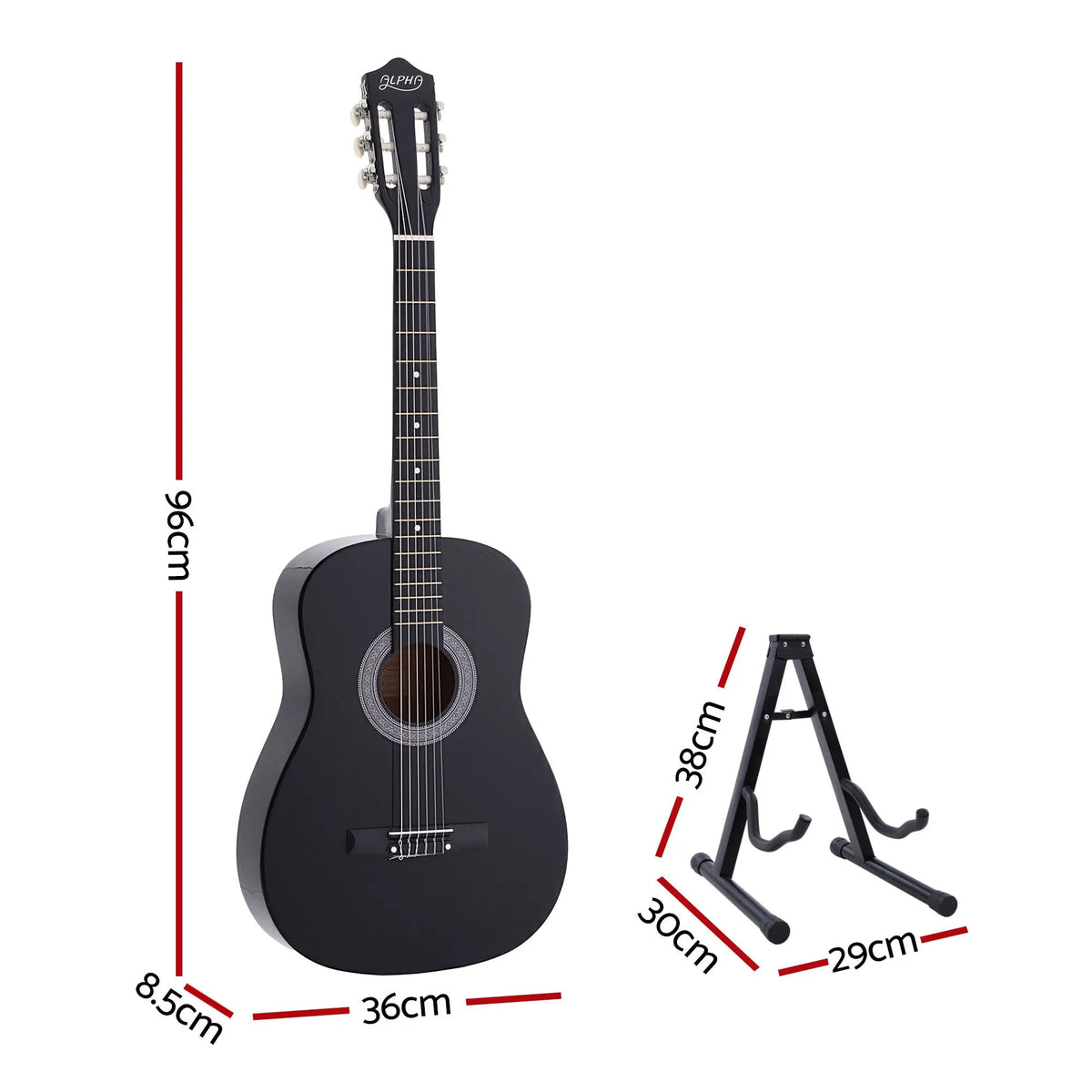 Alpha 38 Inch Classical Acoustic Guitar with Folding Stand Capo and String Set Black - Image 2