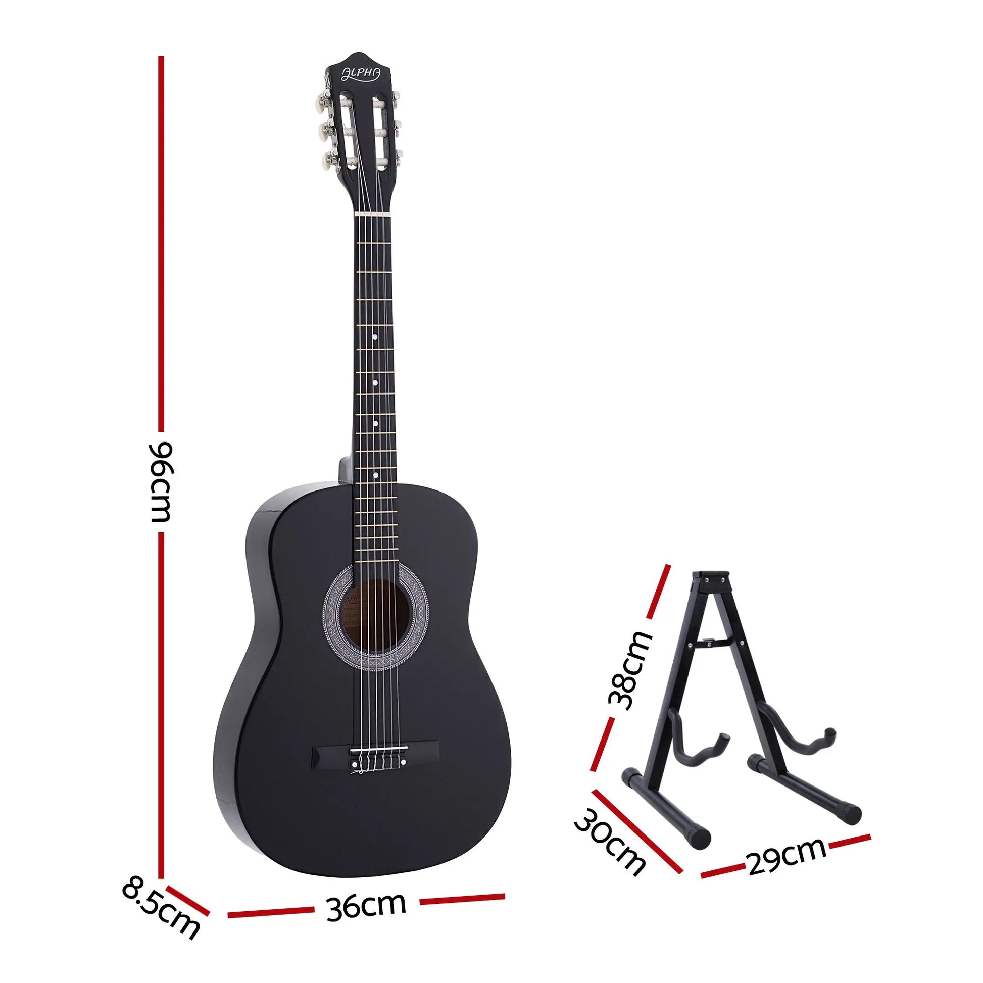 Alpha 38 Inch Classical Acoustic Guitar with Folding Stand Capo and String Set Black - Image 2