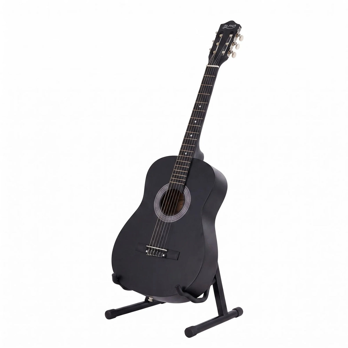 Alpha 38 Inch Classical Acoustic Guitar with Folding Stand Capo and String Set Black - Image 3