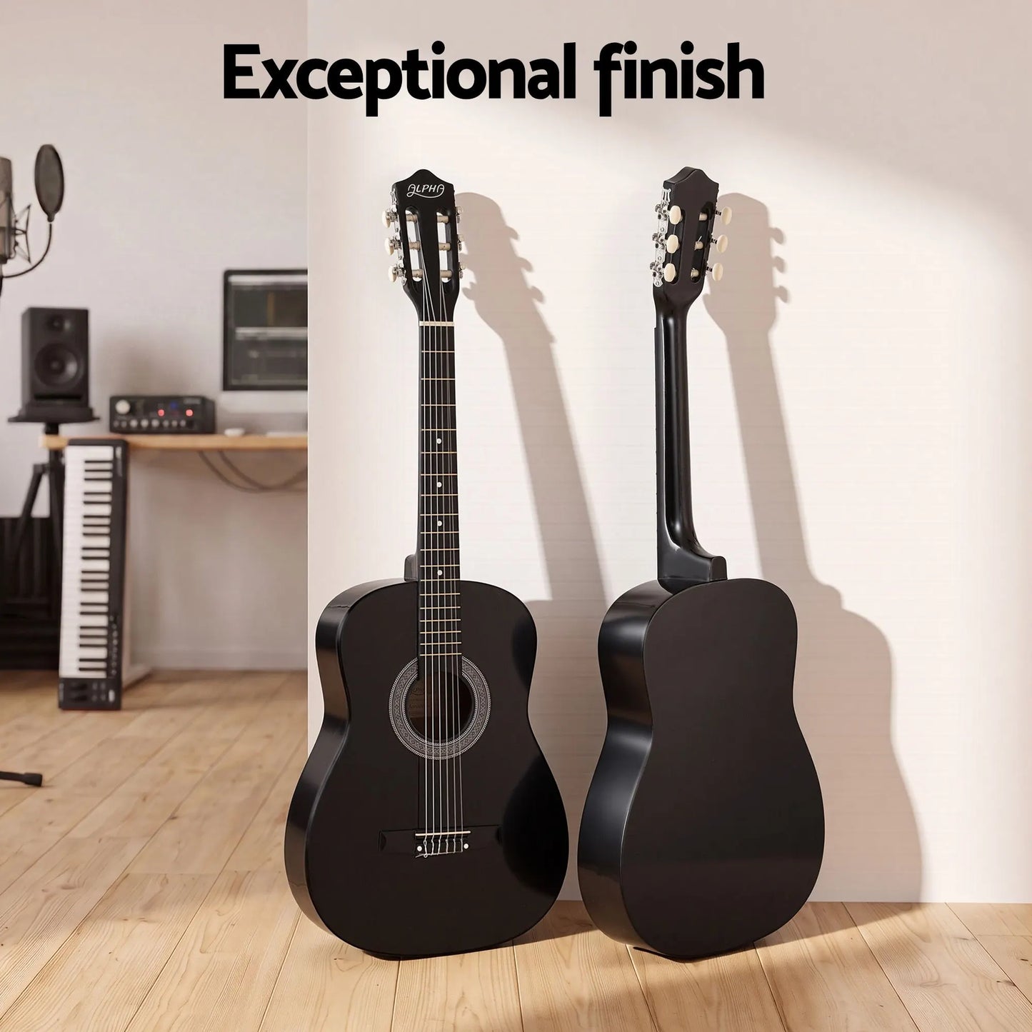 Alpha 38 Inch Classical Acoustic Guitar with Folding Stand Capo and String Set Black - Image 5