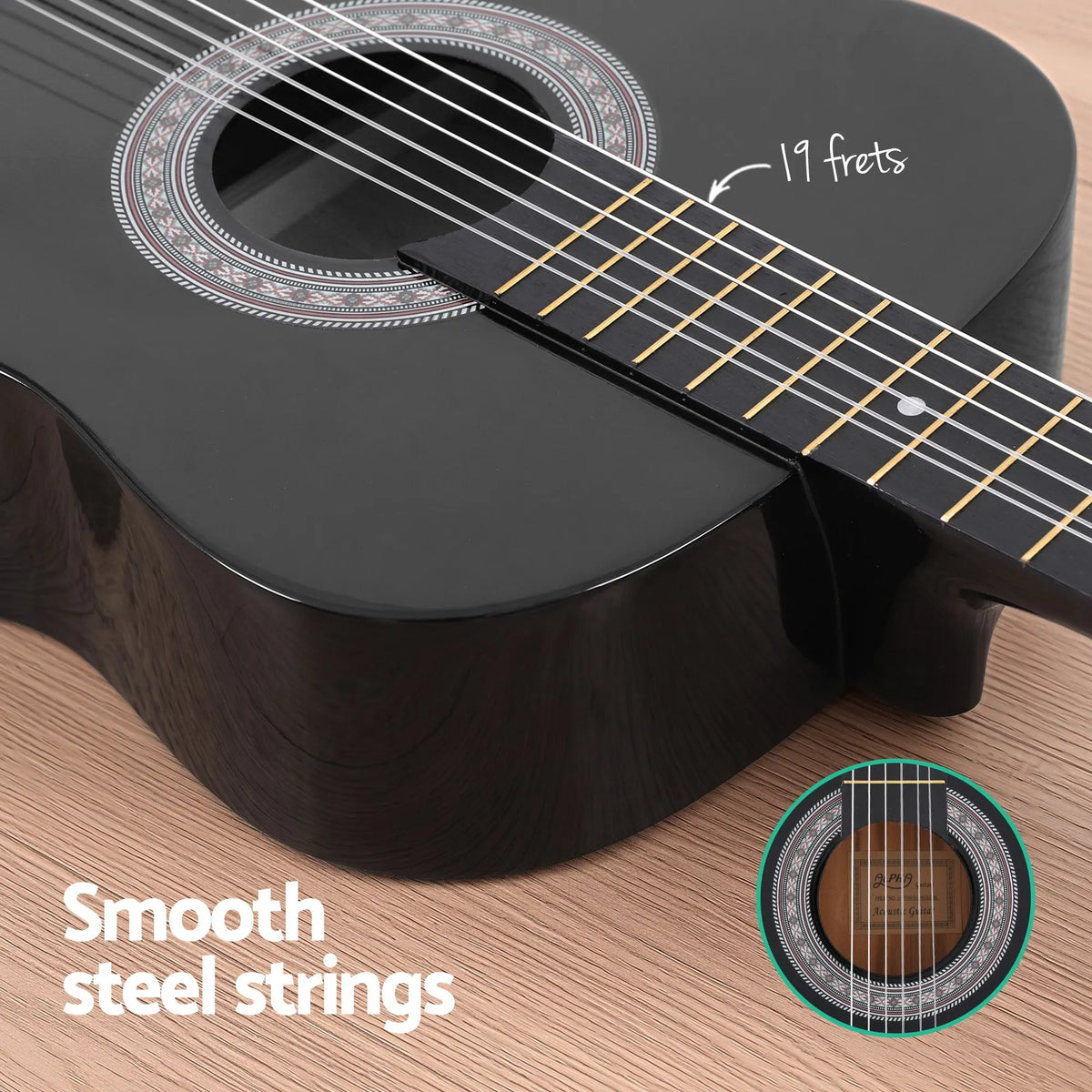 Alpha 38 Inch Classical Acoustic Guitar with Folding Stand Capo and String Set Black - Image 6