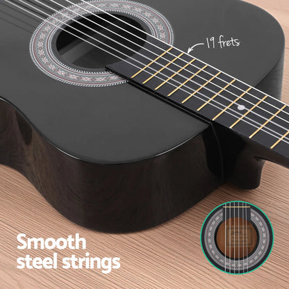 Alpha 38 Inch Classical Acoustic Guitar with Folding Stand Capo and String Set Black - Image 6