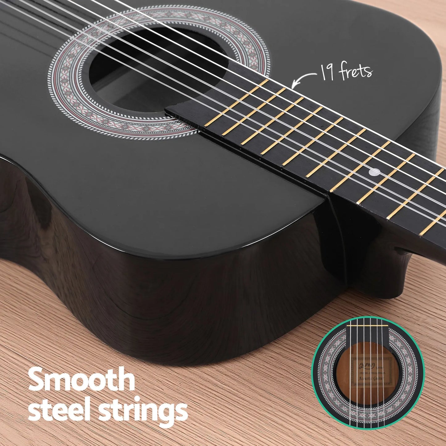 Alpha 38 Inch Acoustic Guitar Full Size Classical Cutaway Nylon String Black - Image 7
