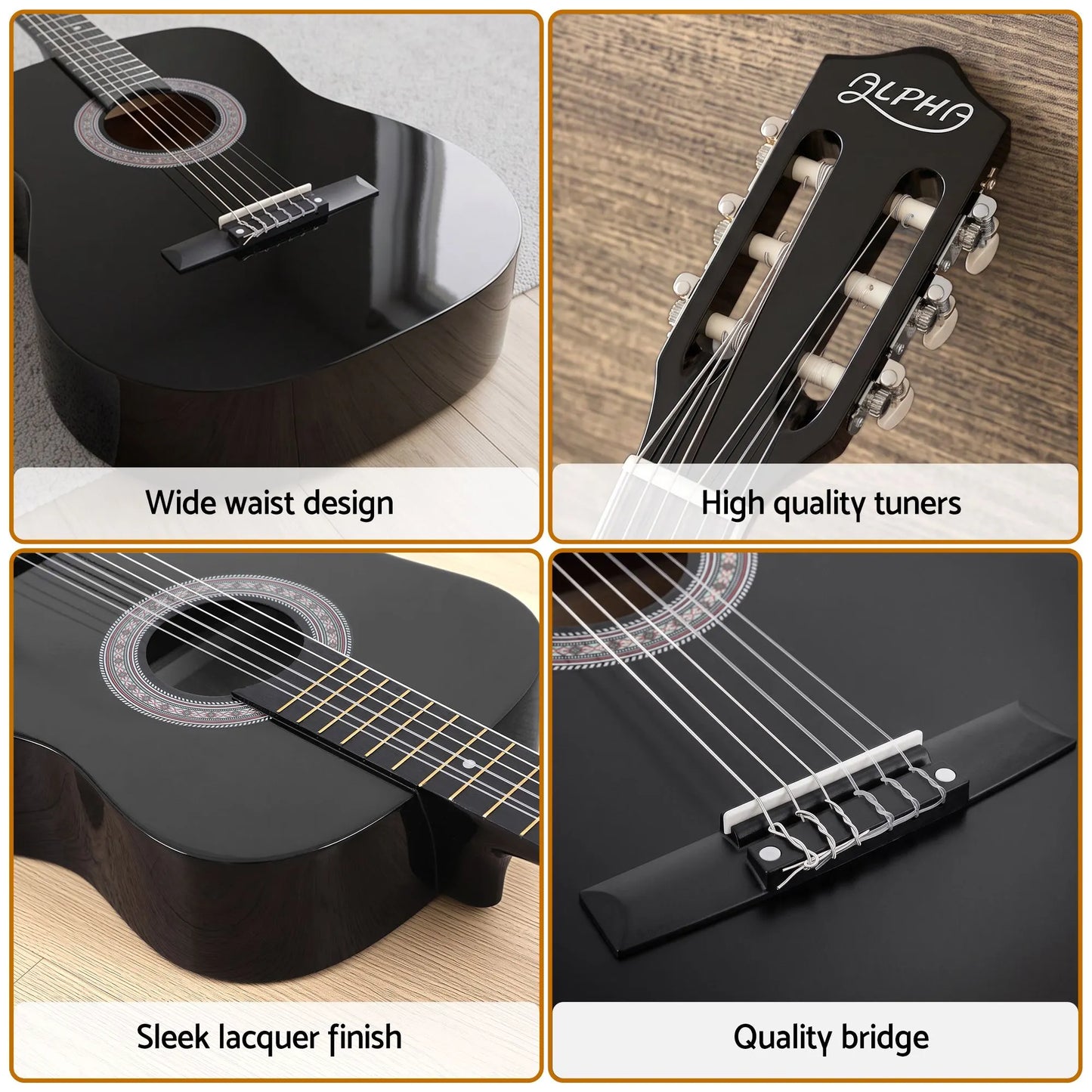 Alpha 38 Inch Acoustic Guitar Full Size Classical Cutaway Nylon String Black - Image 9