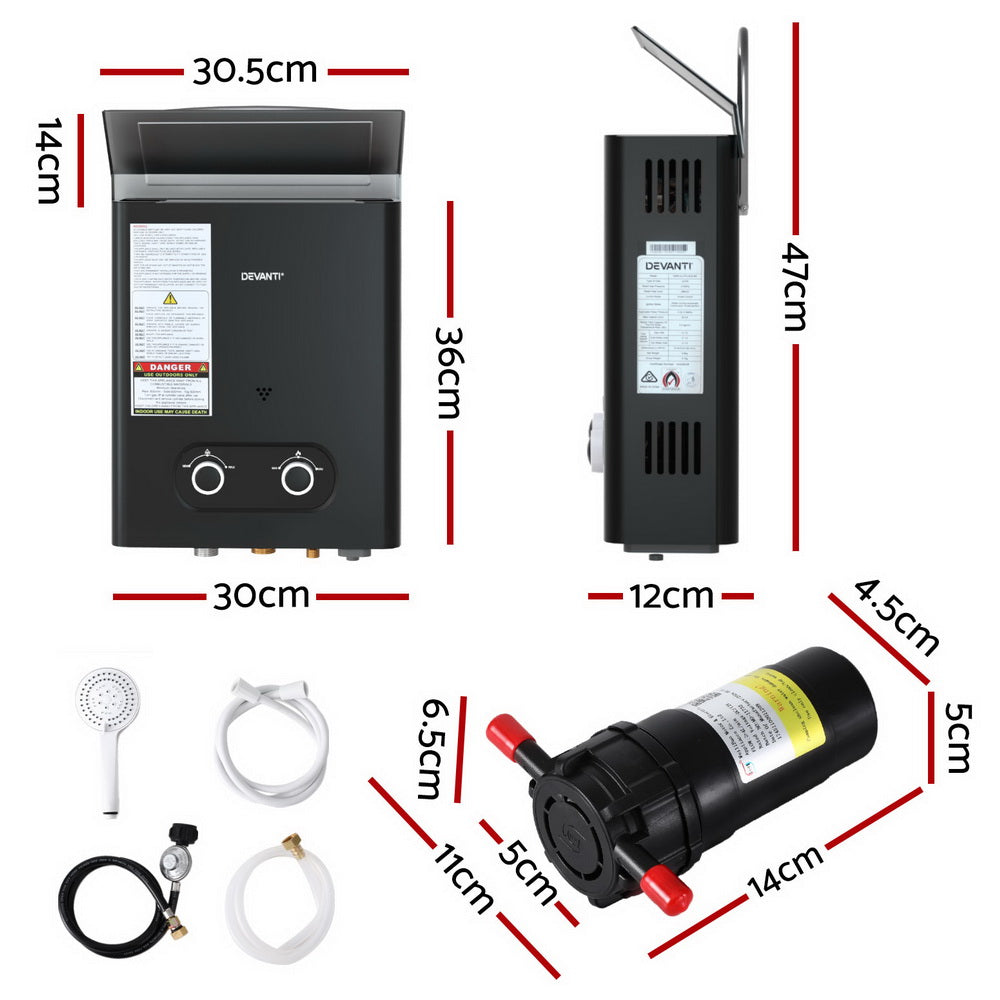 Devanti Portable Gas Water Heater LPG-powered System Black With Pump - Image 2