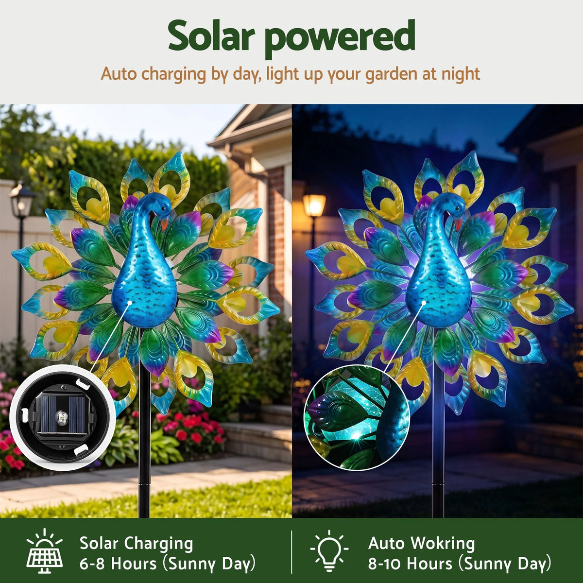 Gardeon Garden Windmill Solar Light Colorful Peacock Metal Spinner 190cm - Image 5