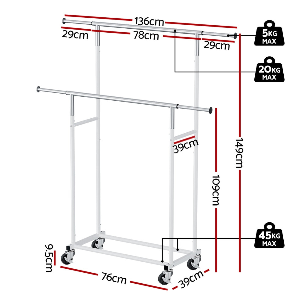 Artiss Clothes Rack Double Rod Airer Rail Coat Stand Adjustable Hanger - Image 2