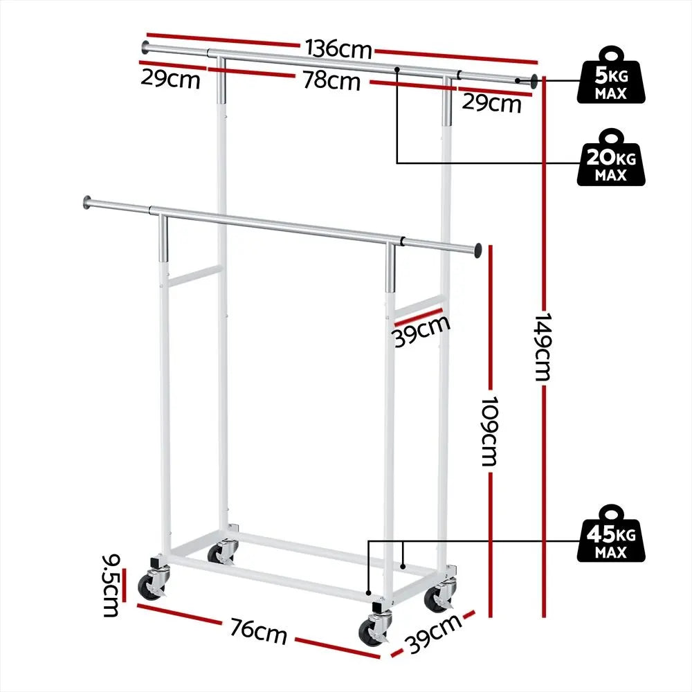 Artiss 2X Clothes Rack Double Rod Airer Rail Coat Stand Adjustable Hanger - Image 3
