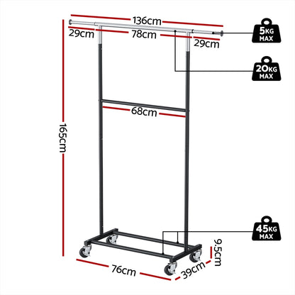 Artiss Clothes Rack Double Rod Airer Rail Coat Stand Adjustable Hanger - Image 2