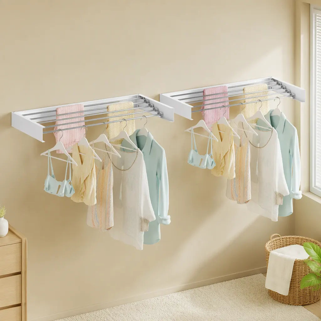 Artiss Set of 2 Clothes Rack Wall Mounted Airer Foldable White - Image 9