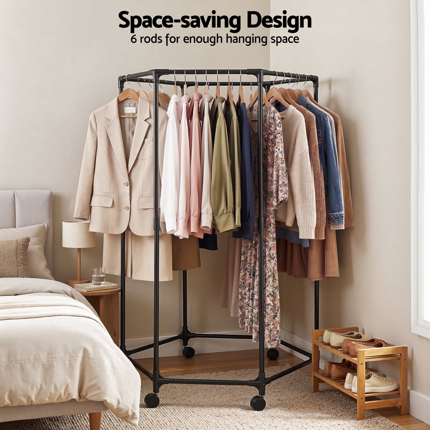 Artiss Clothes Rack Airer Rail Coat Stand Wheels 6 Rods - Image 6