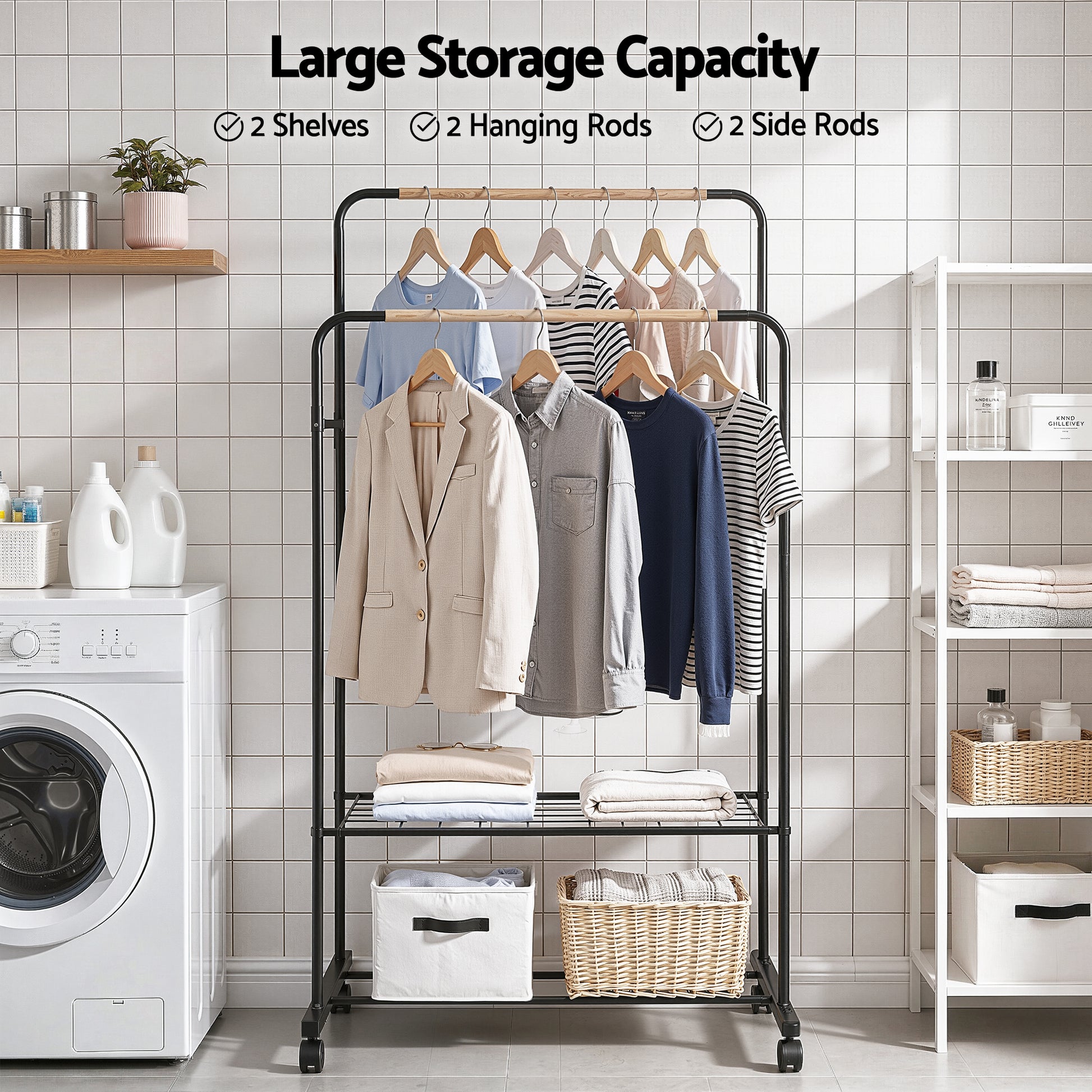 Artiss Clothes Rack Double Rod Airer Rail Coat Stand Hanger Storage Shelf - Image 5