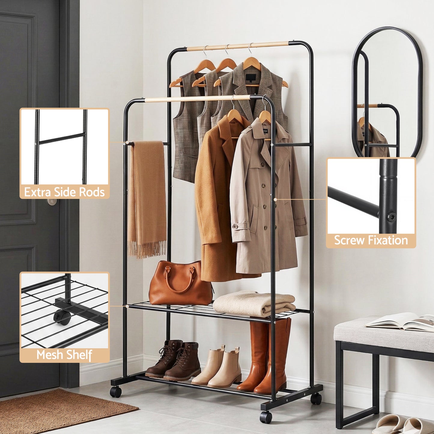 Artiss Clothes Rack Double Rod Airer Rail Coat Stand Hanger Storage Shelf - Image 6