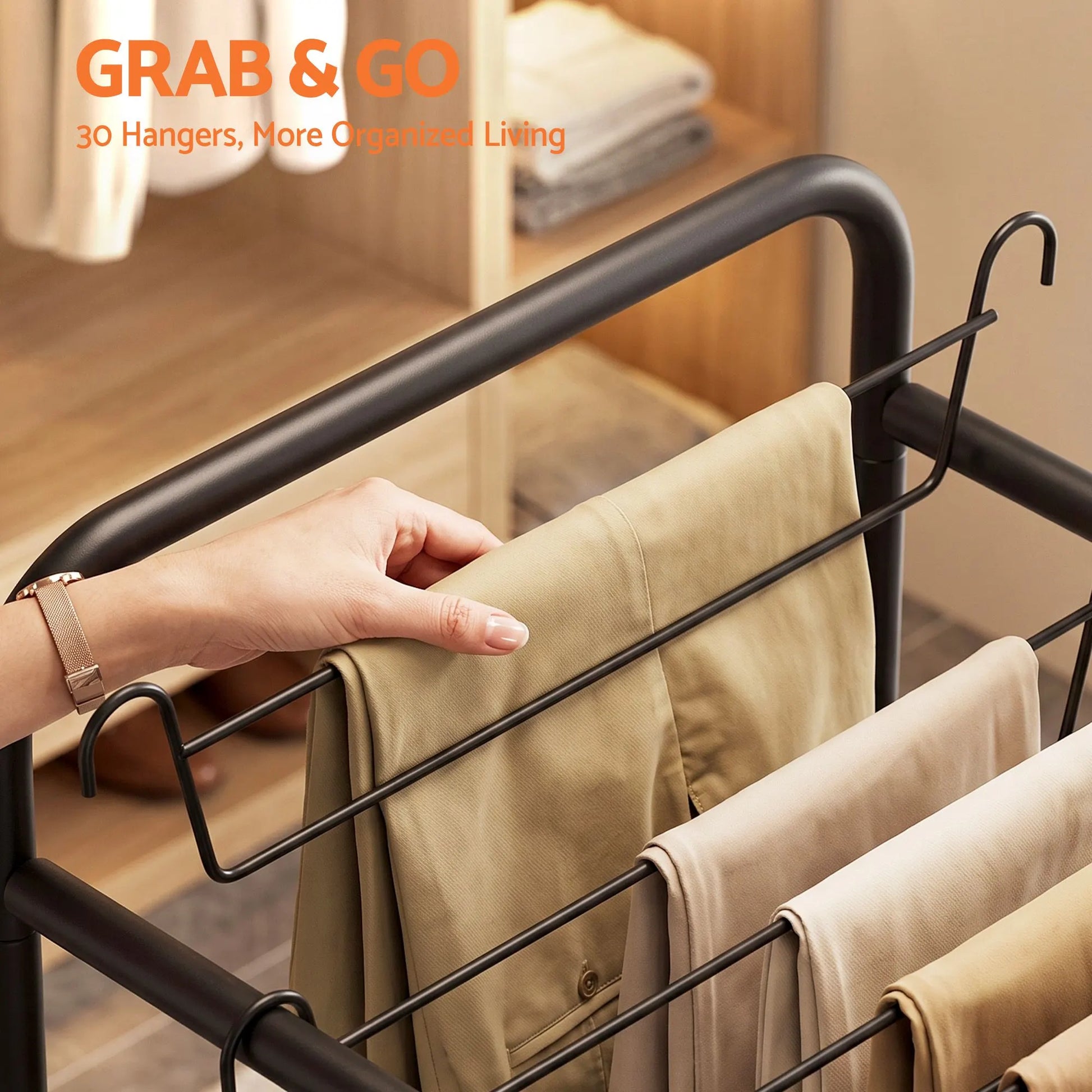 Artiss Pants Trolley Mobile Clothes Rack Clothing Stand with 30 Hangers Wheels Storage Organizer Bag - Image 5