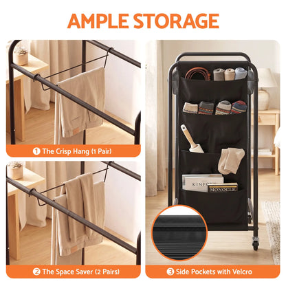 Artiss Pants Trolley Mobile Clothes Rack Clothing Stand with 30 Hangers Wheels Storage Organizer Bag - Image 7