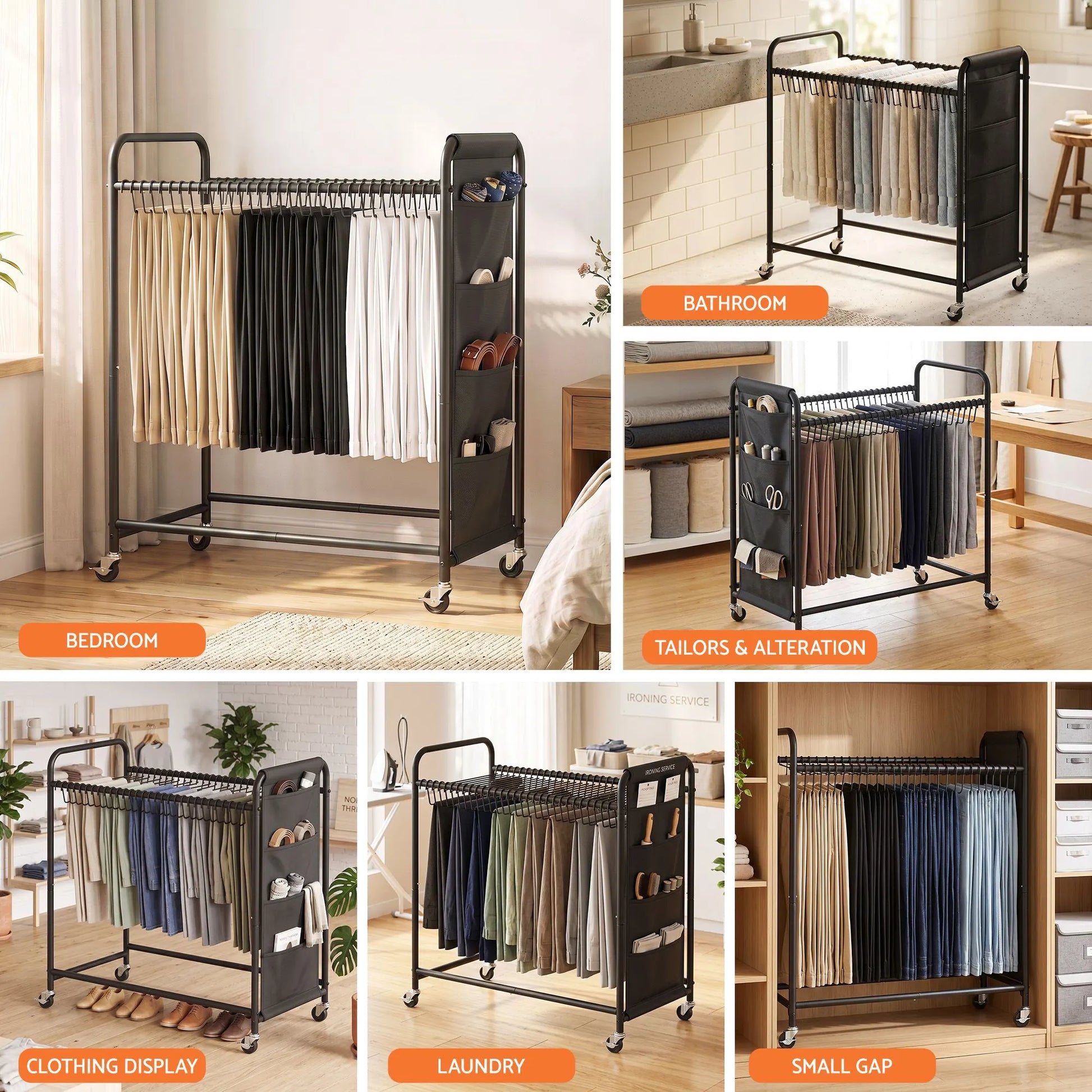 Artiss Pants Trolley Mobile Clothes Rack Clothing Stand with 30 Hangers Wheels Storage Organizer Bag - Image 9