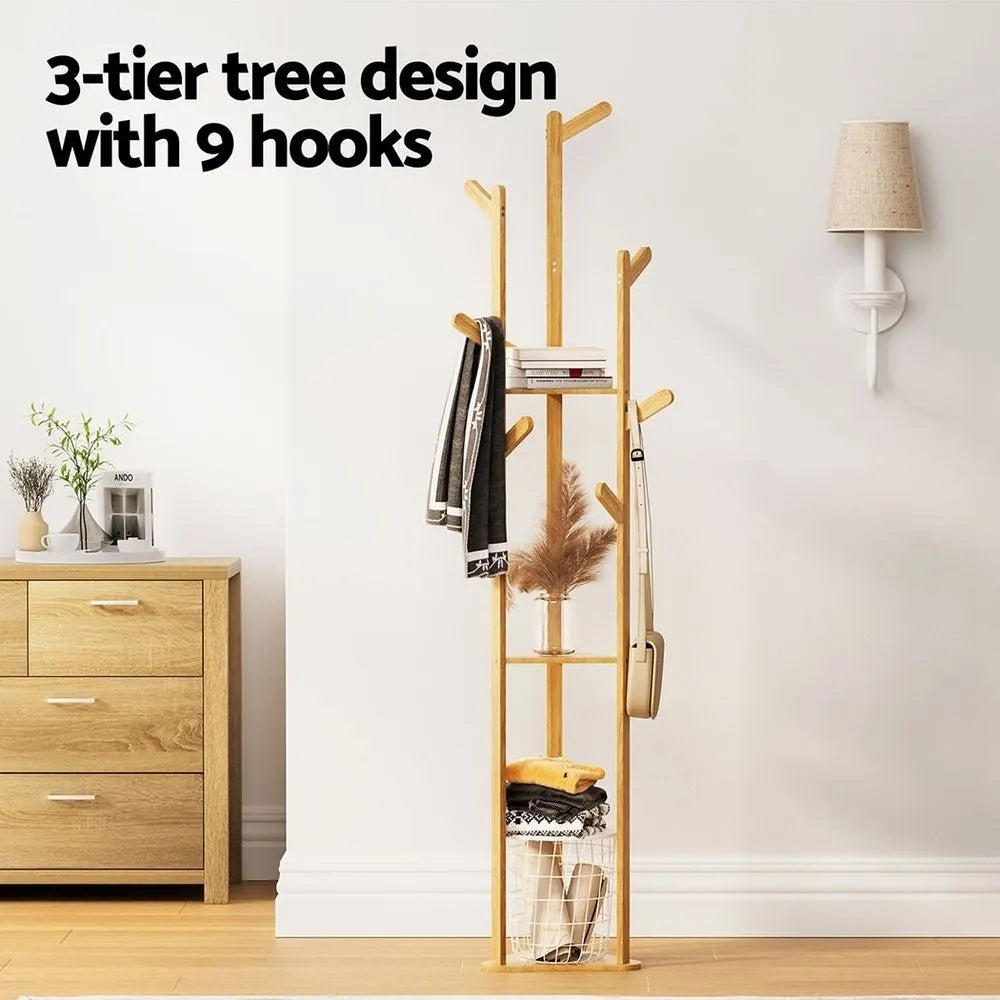 Artiss 2X Clothes Rack Airer Coat Stand 9 Hooks Bamboo - Image 6