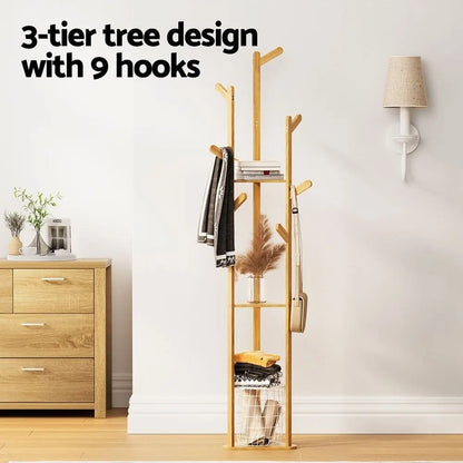 Artiss 2X Clothes Rack Airer Coat Stand 9 Hooks Bamboo - Image 6