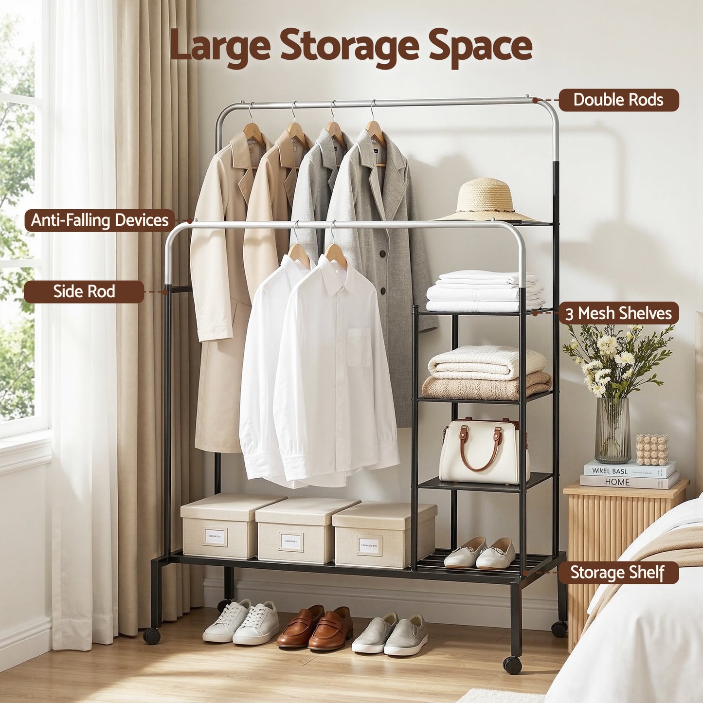 Artiss Clothes Rack Double Rod Airer Rail Coat Stand Hanger Storage Shelf - Image 5