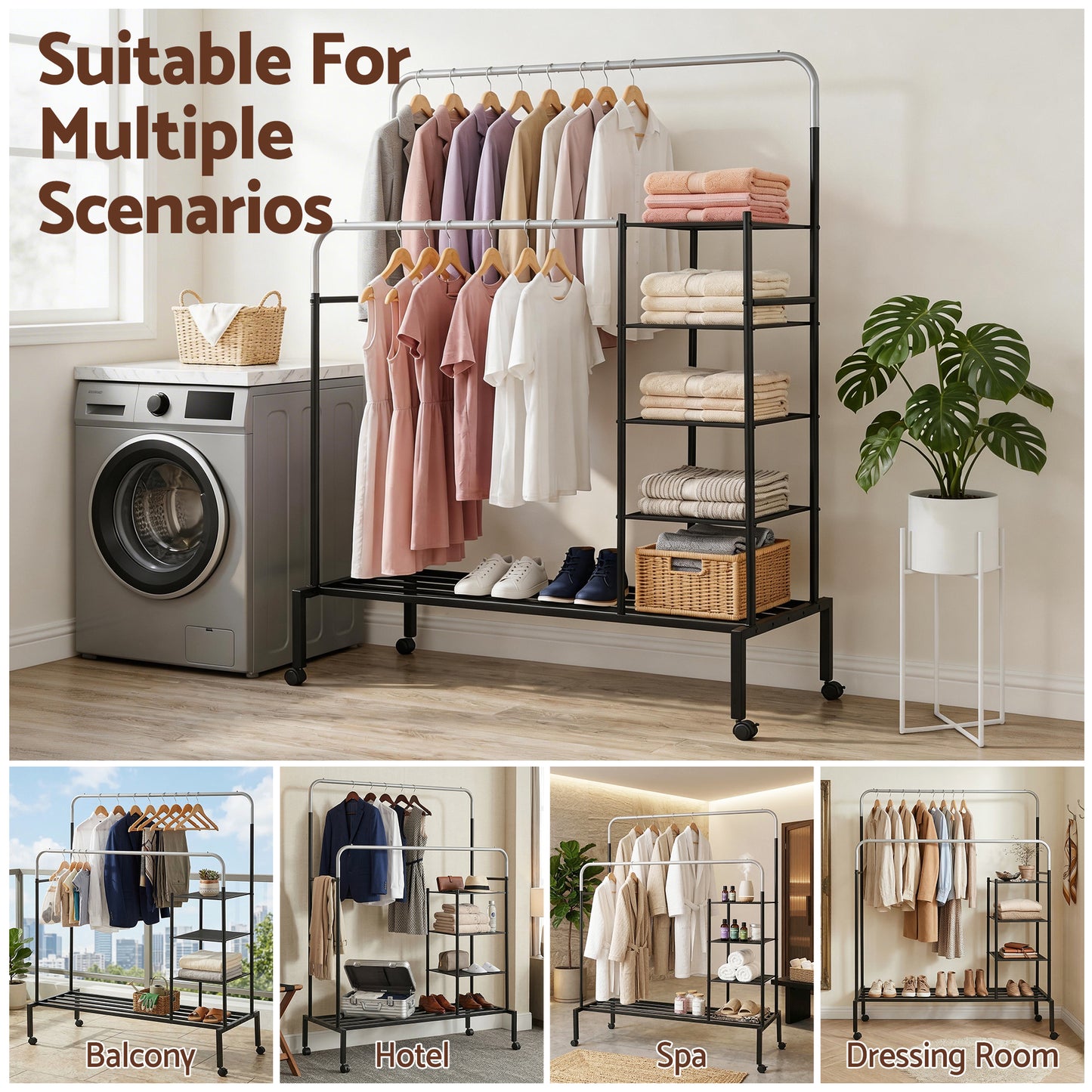 Artiss Clothes Rack Double Rod Airer Rail Coat Stand Hanger Storage Shelf - Image 8