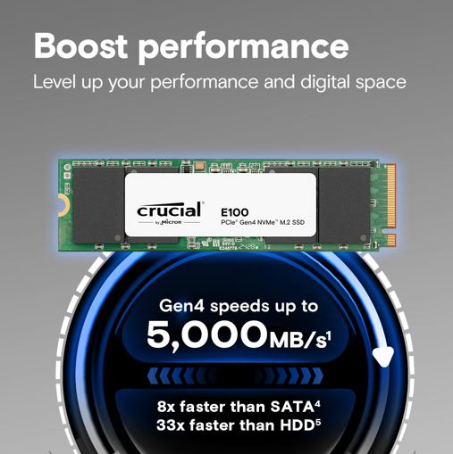 Crucial E100 2TB Gen4 NVMe SSD 5000/4500 MB/s R/W 100TBW 350K/460K IOPS 1M hrs MTTF M.2 2280 PCIe... - Image 2