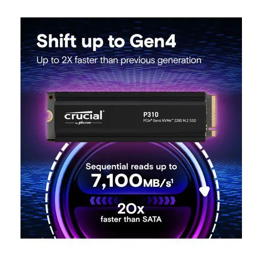 Crucial P310 4TB Gen4 2280 NVMe SSD Heatsink 7100/6000 MB/s R/W 800TBW 1000K/1000K IOPS 1.5M hrs... - Image 2