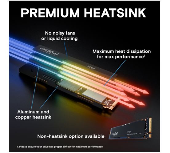 Crucial T705 1TB Gen5 NVMe SSD Heatsink - 13600/10200 MB/s R/W 600TBW 1400K IOPs 1.5M hrs MTTF Di... - Image 4