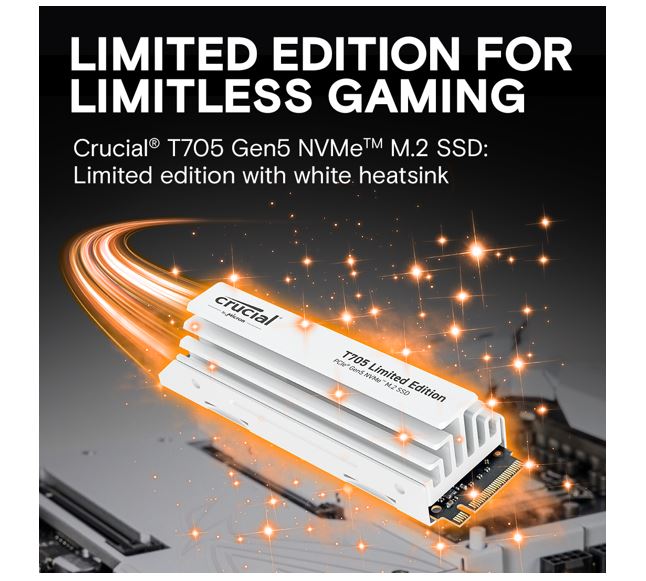 Crucial T705 2TB Gen5 NVMe SSD White Heatsink - 14500/12700 MB/s R/W 1200TBW 1550K IOPs 1.5M hrs... - Image 2