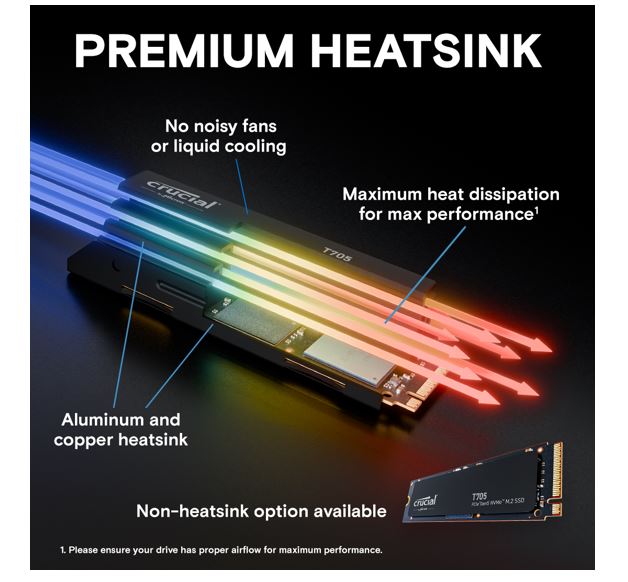 Crucial T705 4TB Gen5 NVMe SSD Heatsink - 14100/12600 MB/s R/W 2400TBW 1500K IOPs 1.5M hrs MTTF D... - Image 4