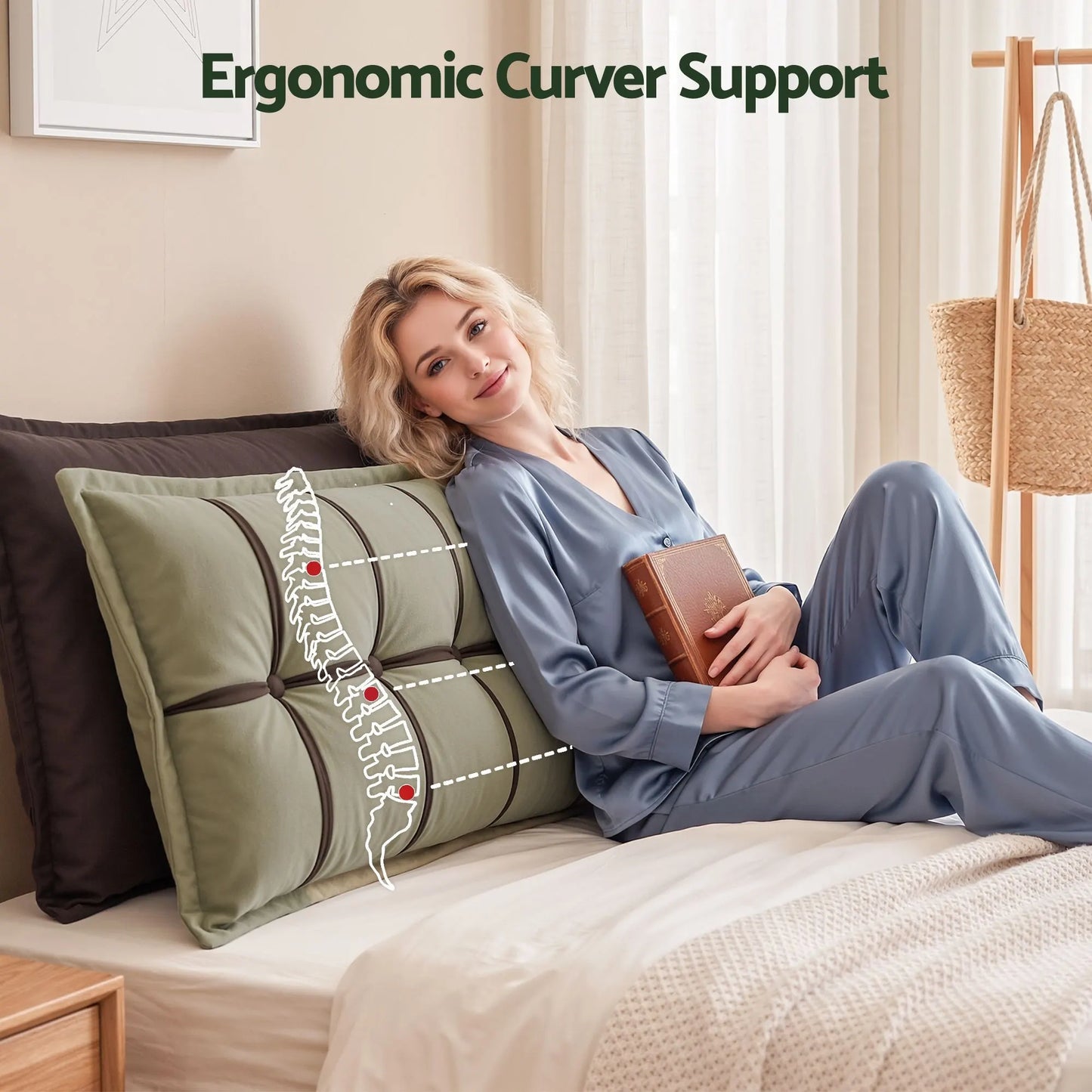 Giselle Bedding Headboard Pillow with Double-Layer Storage Wedge Reading Backrest with Adjustable Filling, Chenille Bed Rest Cushion for Daybed, Dorm, and RV Double - Image 4