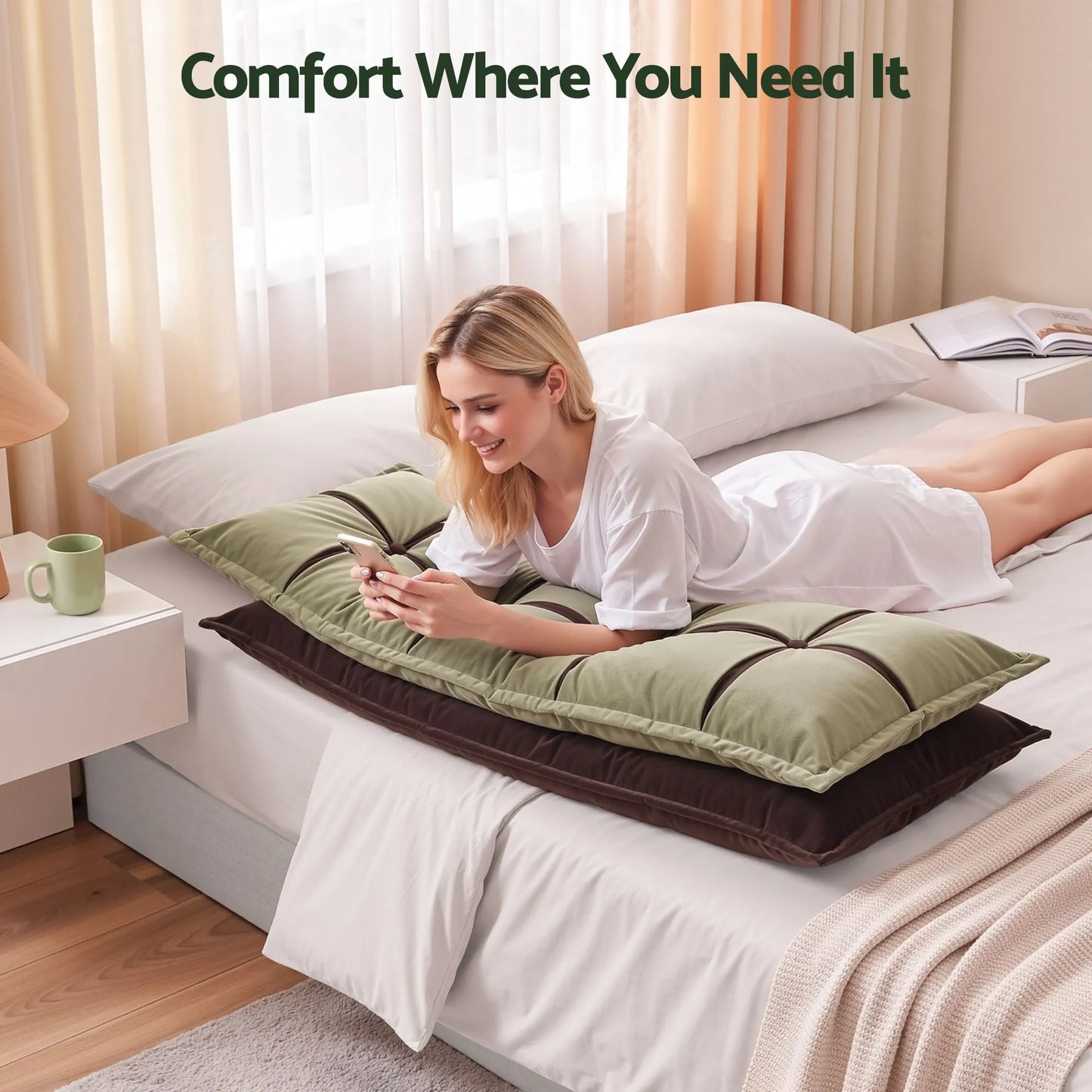 Giselle Bedding Headboard Pillow with Double-Layer Storage Wedge Reading Backrest with Adjustable Filling, Chenille Bed Rest Cushion for Daybed, Dorm, and RV Double - Image 6
