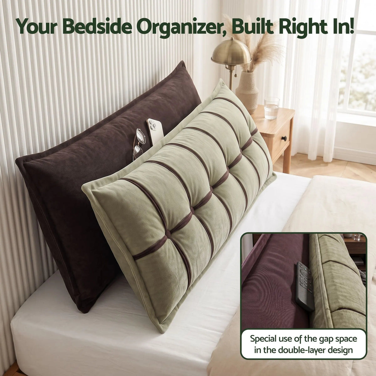 Giselle Bedding Headboard Pillow with Double-Layer Storage Wedge Reading Backrest with Adjustable Filling, Chenille Bed Rest Cushion for Daybed, Dorm, and RV King - Image 2