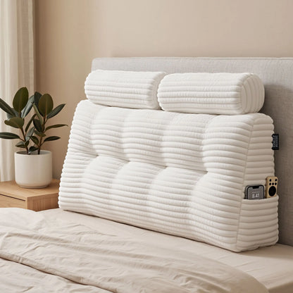 Giselle wedge pillow headboard with non-flattening shredded foam core, perfect for dorm reading or sofa lap desk, 330g corduroy cover, side pockets, Double