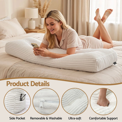 Giselle wedge pillow headboard with non-flattening shredded foam core, perfect for dorm reading or sofa lap desk, 330g corduroy cover, side pockets, Double - Image 4