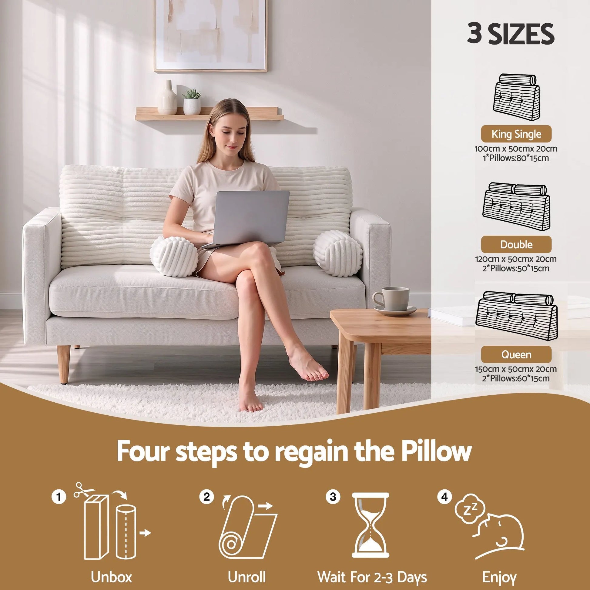 Giselle wedge pillow headboard with non-flattening shredded foam core, perfect for dorm reading or sofa lap desk, 330g corduroy cover, side pockets, Double - Image 5