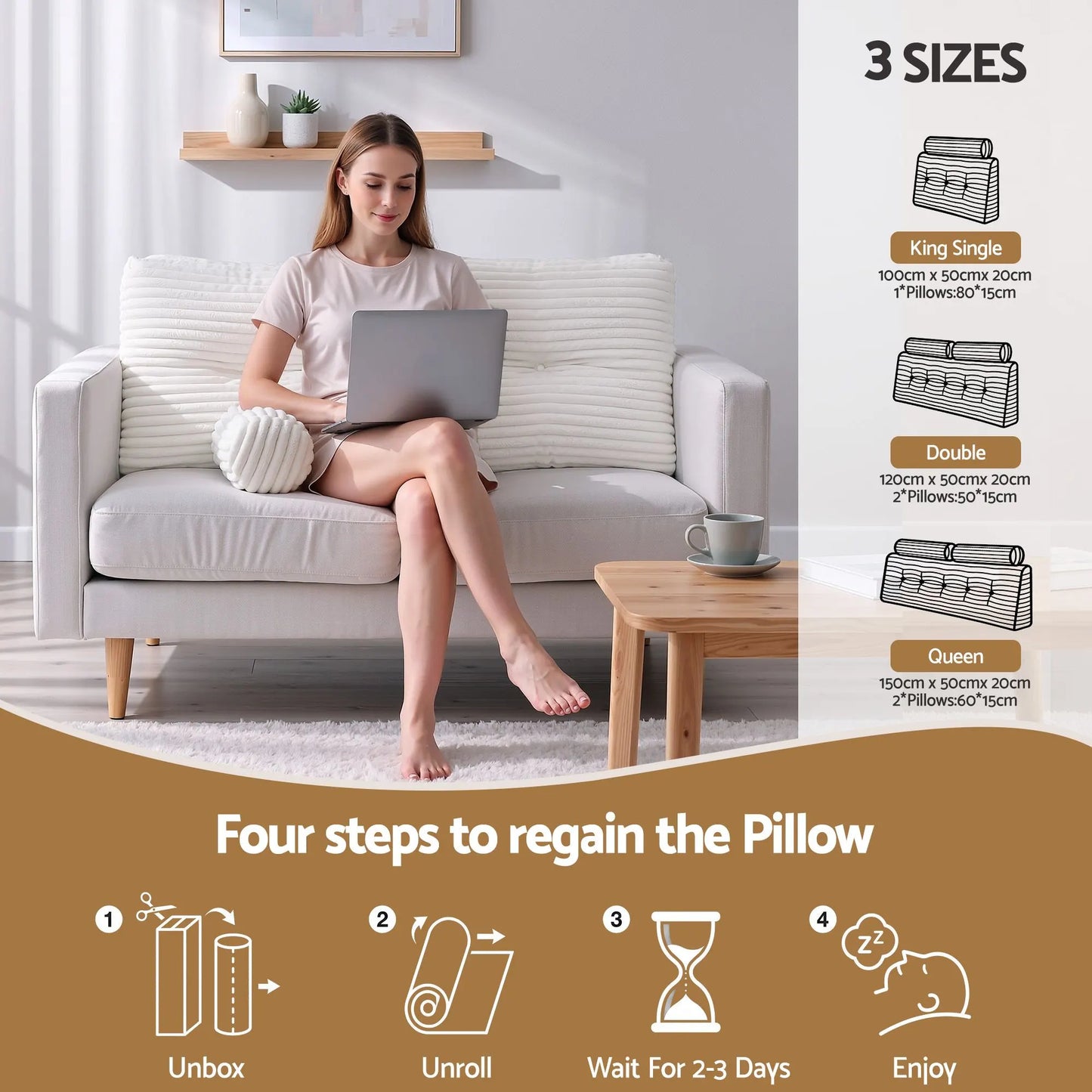 Giselle wedge pillow headboard with non-flattening shredded foam core, perfect for dorm reading or sofa lap desk, 330g corduroy cover, side pockets, King Single - Image 5
