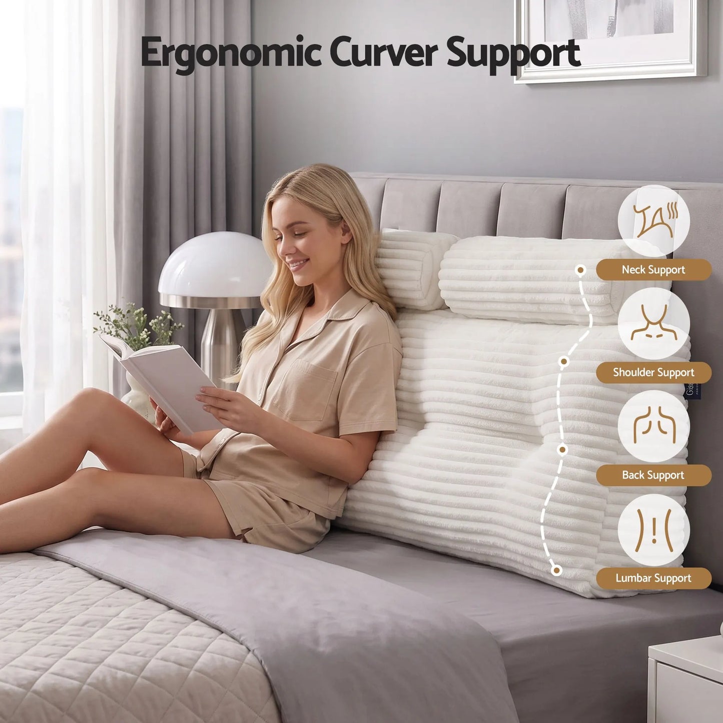 Giselle wedge pillow headboard with non-flattening shredded foam core, perfect for dorm reading or sofa lap desk, 330g corduroy cover, side pockets, Queen - Image 3
